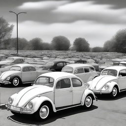 An image capturing a 1300 square foot open parking area brimming with Volkswagen Beetles from the 1950s and 60s