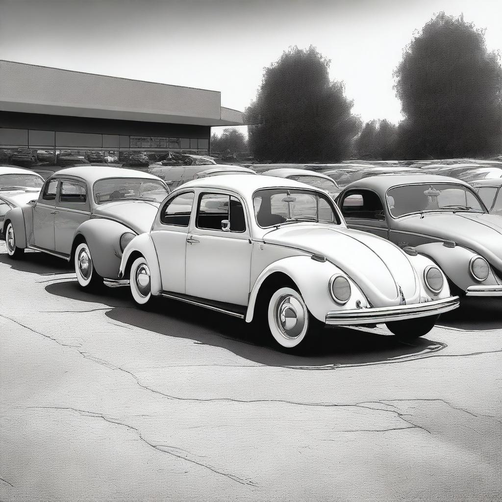 An image capturing a 1300 square foot open parking area brimming with Volkswagen Beetles from the 1950s and 60s