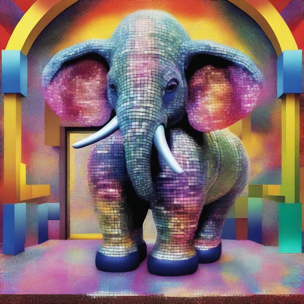 A captivating digital art piece, rendered in the style of Botero, showcasing a large elephant inside a crystallery shop