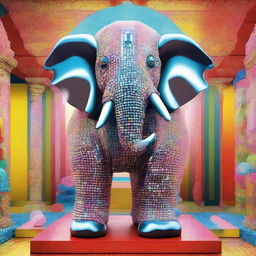 A captivating digital art piece, rendered in the style of Botero, showcasing a large elephant inside a crystallery shop