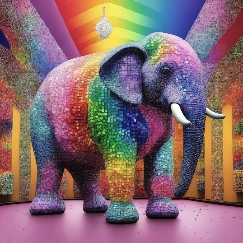 A captivating digital art piece, rendered in the style of Botero, showcasing a large elephant inside a crystallery shop