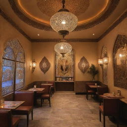 An Arabian styled café, charmingly named 'Aladdin and his Magical Lamp'. It's adorned with Middle Eastern decor, and features of a glowing magical lamp as a centerpiece.