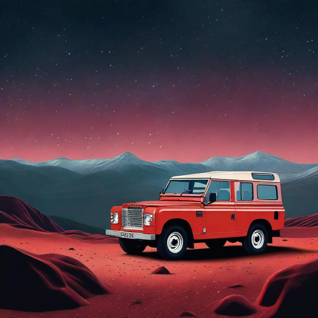 A high-quality digital art image showcasing a matte red 1974 Land Rover in the foreground