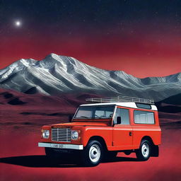 A high-quality digital art image showcasing a matte red 1974 Land Rover in the foreground