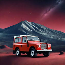 A high-quality digital art image showcasing a matte red 1974 Land Rover in the foreground