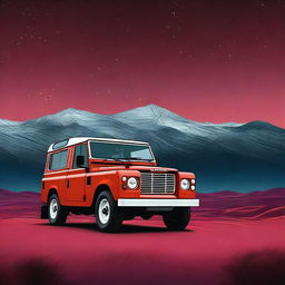 A high-quality digital art image showcasing a matte red 1974 Land Rover in the foreground