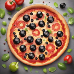 A tantalizing digital art image of a large-sized pizza inspired by Pakistani cuisine