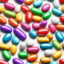 An image of a variety of different colored pill capsules and tablets arranged in a neat grid on a white background