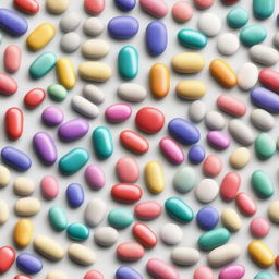 An image of a variety of different colored pill capsules and tablets arranged in a neat grid on a white background