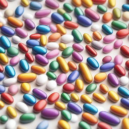 An image of a variety of different colored pill capsules and tablets arranged in a neat grid on a white background