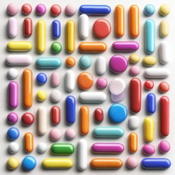 An image of a variety of different colored pill capsules and tablets arranged in a neat grid on a white background