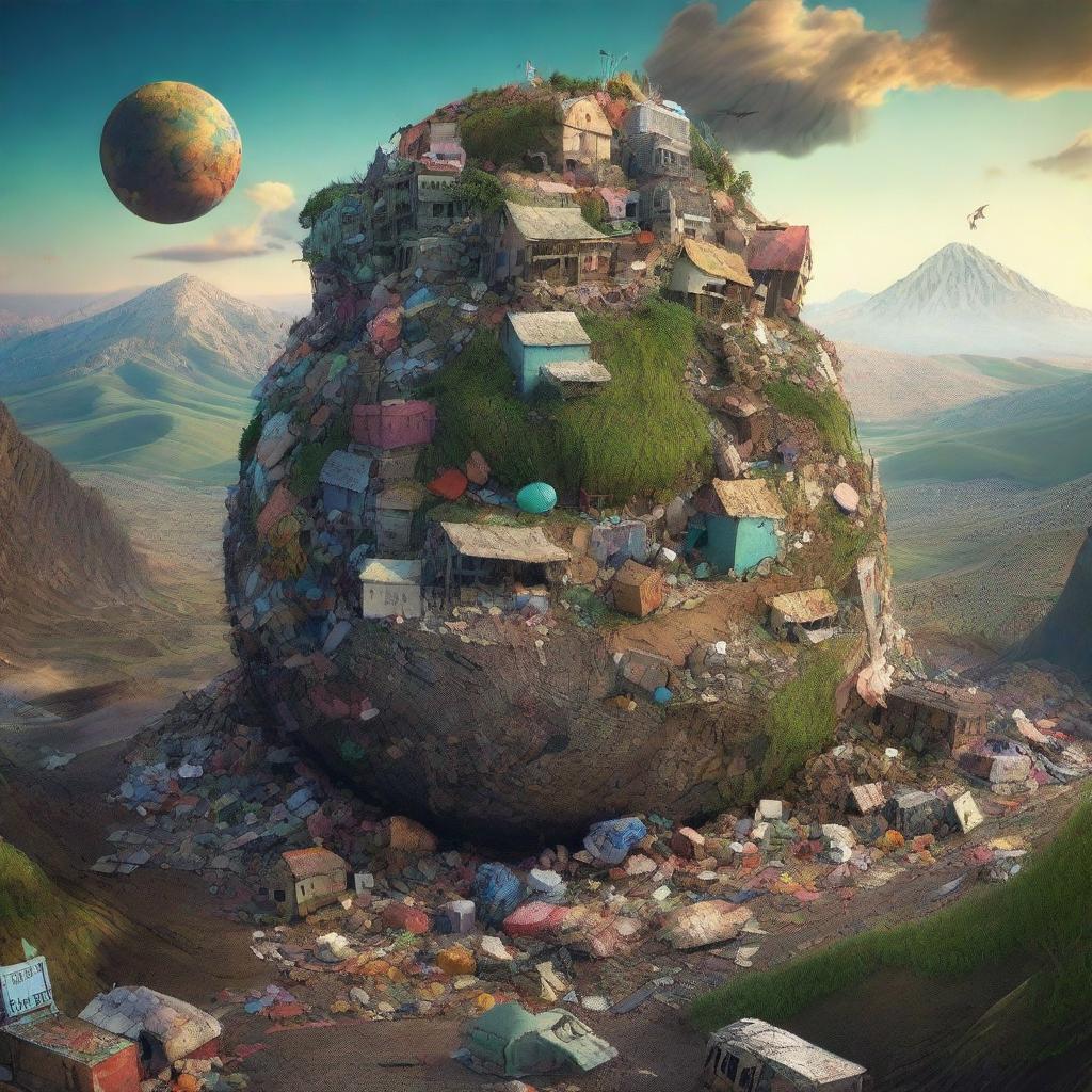 A high-quality, 3-dimensional digital art piece, featuring a poster-sized representation of a world made entirely of trash