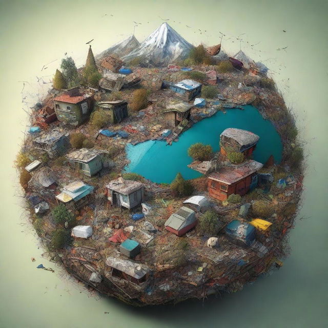 A high-quality, 3-dimensional digital art piece, featuring a poster-sized representation of a world made entirely of trash