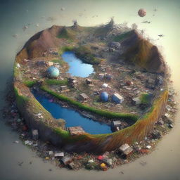 A high-quality, 3-dimensional digital art piece, featuring a poster-sized representation of a world made entirely of trash