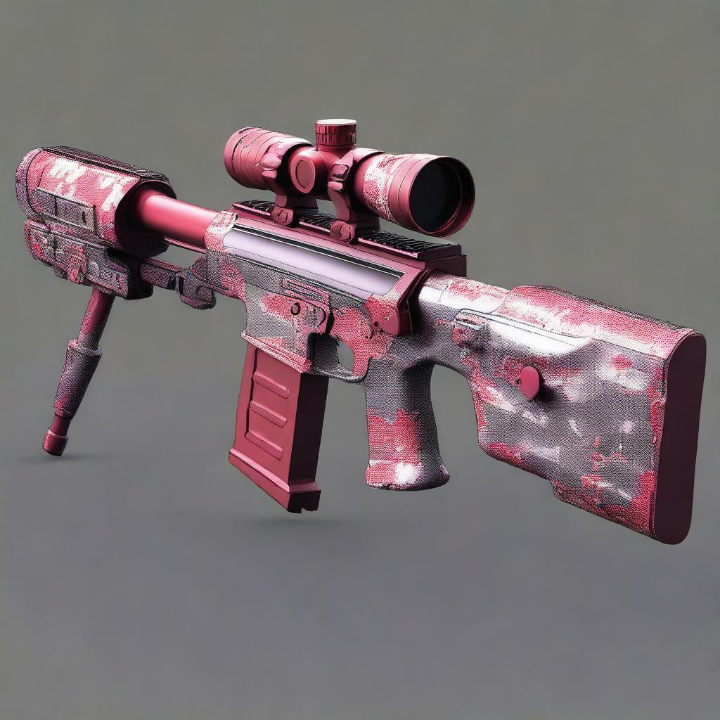 An image of an AWP sniper rifle, adorned with a digital camouflage pattern in shades of red and white