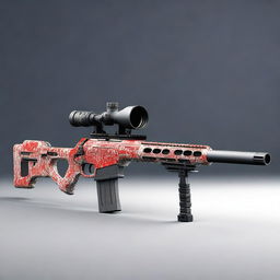 An image of an AWP sniper rifle, adorned with a digital camouflage pattern in shades of red and white