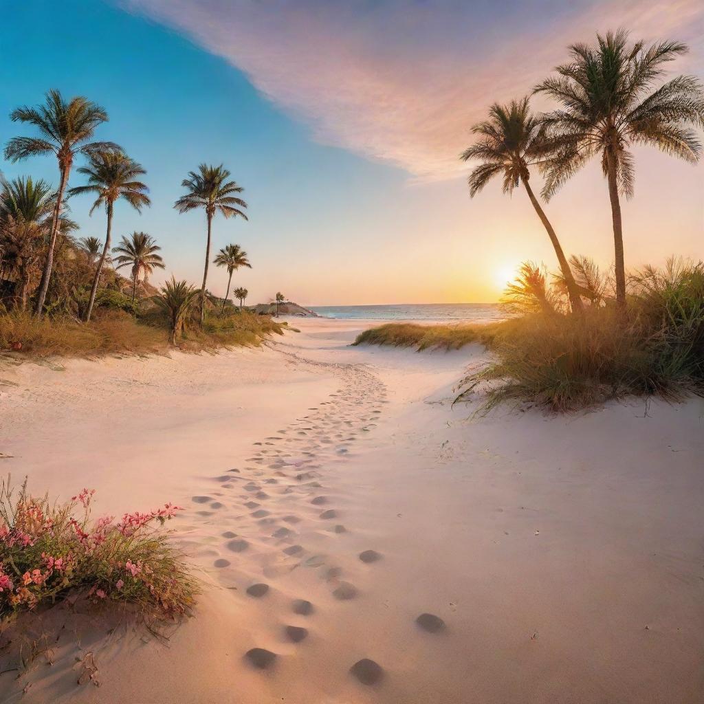 An oasis in the middle of a sunlit desert with shimmering sand dunes, turquoise water, lush palm trees, blooming exotic flowers and a vibrant sunset in the background.