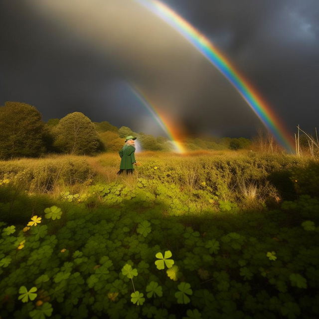 A highly detailed, imaginative depiction of a leprechaun in the wild nature, discreetly appearing in the distance under a rainbow, in the style of a Pulitzer Prize-winning photograph