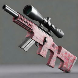 An image of an AWP sniper rifle, adorned with a digital camouflage pattern in shades of red and white