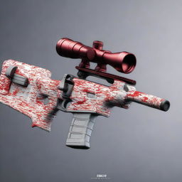 An image of an AWP sniper rifle, adorned with a digital camouflage pattern in shades of red and white