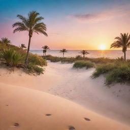 An oasis in the middle of a sunlit desert with shimmering sand dunes, turquoise water, lush palm trees, blooming exotic flowers and a vibrant sunset in the background.