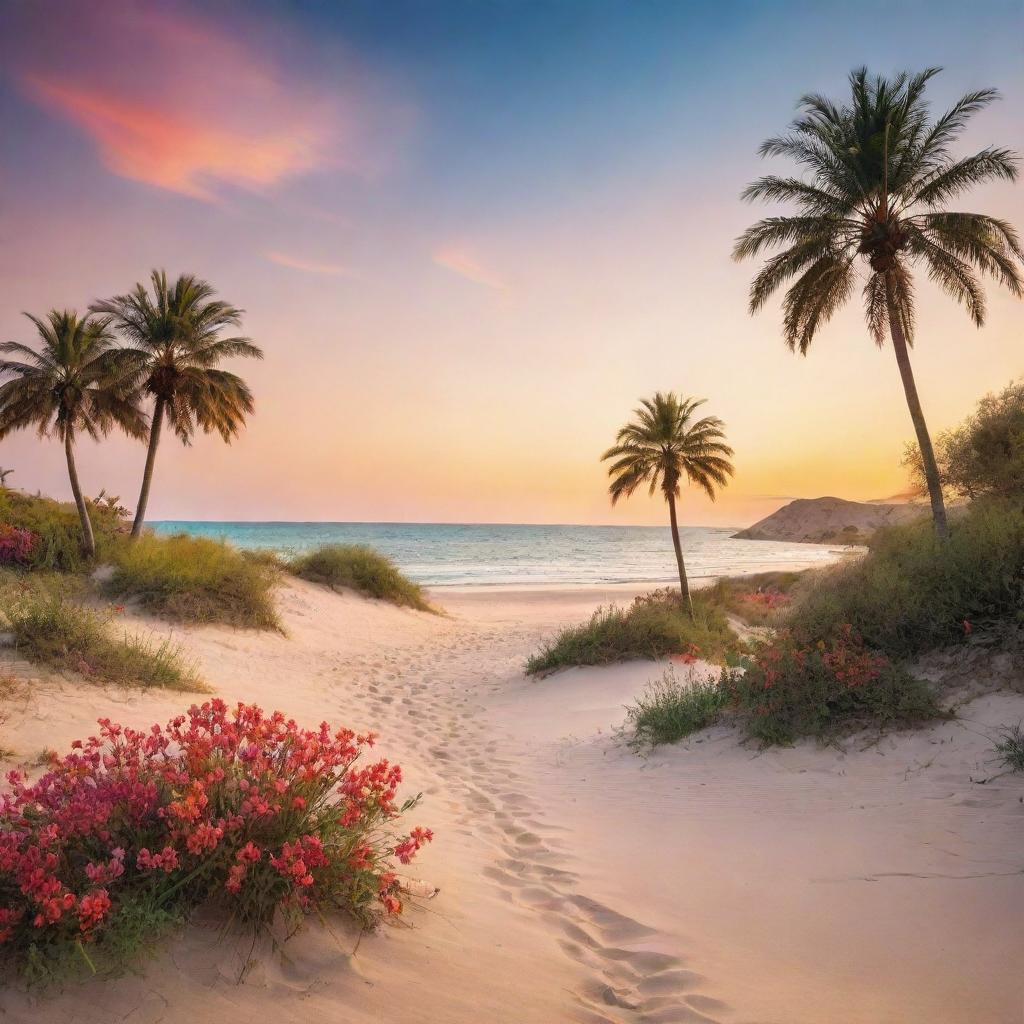 An oasis in the middle of a sunlit desert with shimmering sand dunes, turquoise water, lush palm trees, blooming exotic flowers and a vibrant sunset in the background.