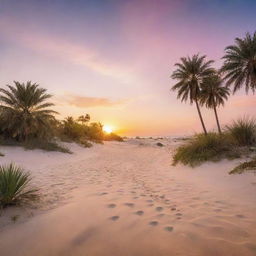 An oasis in the middle of a sunlit desert with shimmering sand dunes, turquoise water, lush palm trees, blooming exotic flowers and a vibrant sunset in the background.