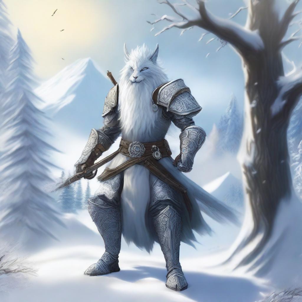 A high-quality digital art showcasing a Snow Leonin Eldritch Knight, armed with a glaive, patrolling within a tree line of a snow-covered mountain