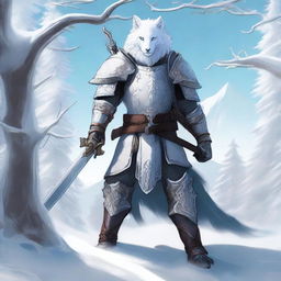 A high-quality digital art showcasing a Snow Leonin Eldritch Knight, armed with a glaive, patrolling within a tree line of a snow-covered mountain