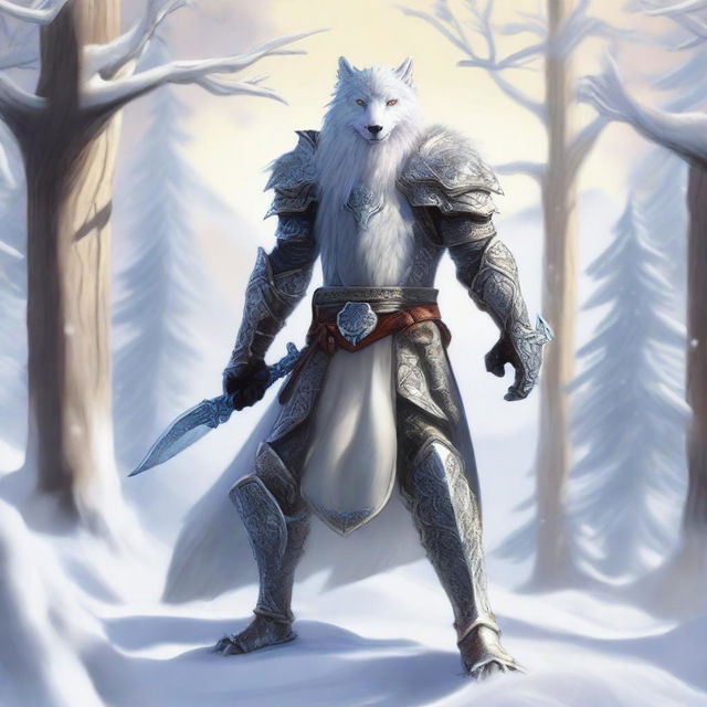 A high-quality digital art showcasing a Snow Leonin Eldritch Knight, armed with a glaive, patrolling within a tree line of a snow-covered mountain