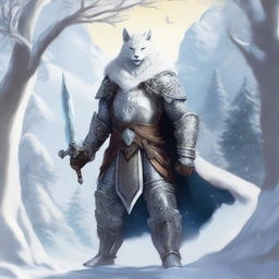 A high-quality digital art showcasing a Snow Leonin Eldritch Knight, armed with a glaive, patrolling within a tree line of a snow-covered mountain