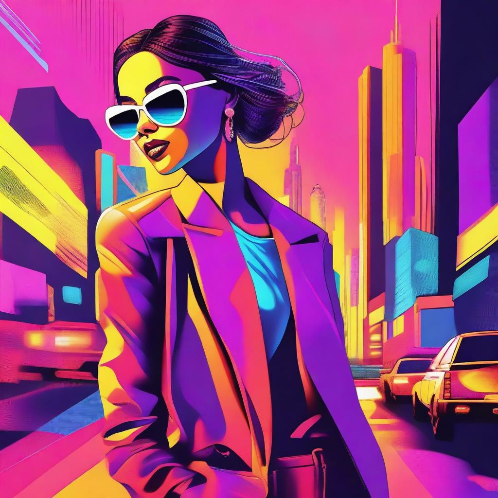 A digital art image showcasing a young woman in stylish attire, exuding confidence