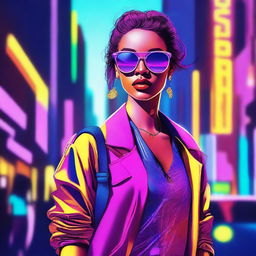 A digital art image showcasing a young woman in stylish attire, exuding confidence