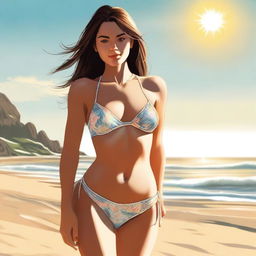 A high-quality digital art image featuring a confident young woman in a tasteful, small bikini