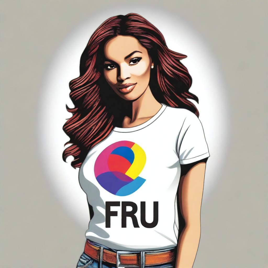 This is a high-quality digital art image of a stylish young woman wearing a shirt with the 'Si Fru' logo