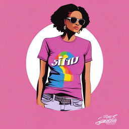 This is a high-quality digital art image of a stylish young woman wearing a shirt with the 'Si Fru' logo