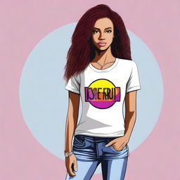 This is a high-quality digital art image of a stylish young woman wearing a shirt with the 'Si Fru' logo