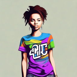 This is a high-quality digital art image of a stylish young woman wearing a shirt with the 'Si Fru' logo