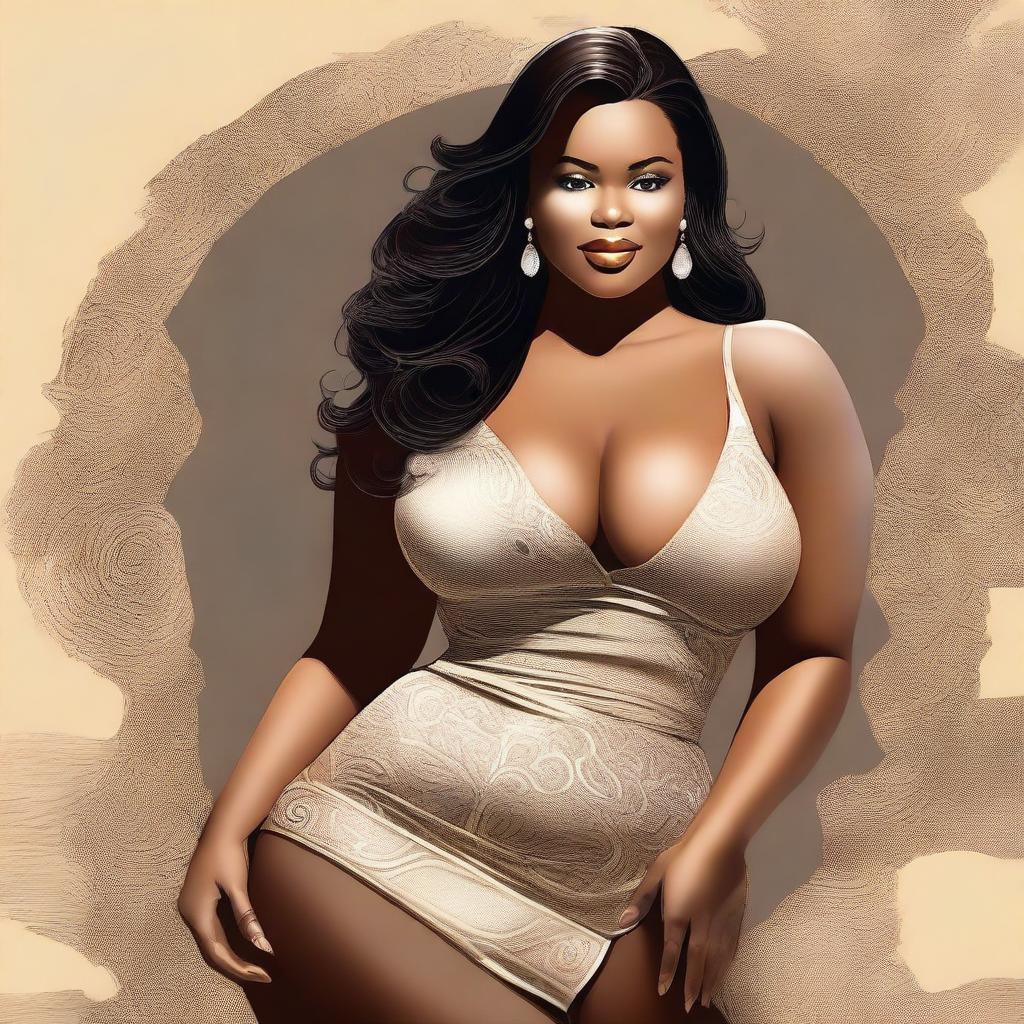 A tasteful, high-quality digital art image featuring a woman with a voluptuous figure