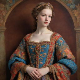 An image in the style of Renaissance art depicting a dignified young lady. She is adorned with a tastefully knitted garment carrying intricate occasion patterns in a sublime play of colors, exuding an aura of timeless elegance.