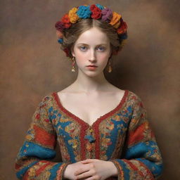 An image in the style of Renaissance art depicting a dignified young lady. She is adorned with a tastefully knitted garment carrying intricate occasion patterns in a sublime play of colors, exuding an aura of timeless elegance.