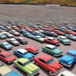 A high-quality digital art depicting a vast 2300 foot parking lot in Kentucky, filled with 582 vintage cars ranging from the 40s to the 80s