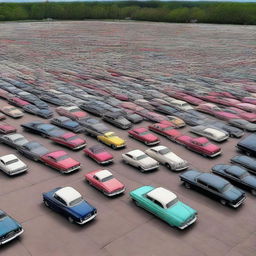 A high-quality digital art depicting a vast 2300 foot parking lot in Kentucky, filled with 582 vintage cars ranging from the 40s to the 80s