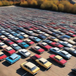 A high-quality digital art depicting a vast 2300 foot parking lot in Kentucky, filled with 582 vintage cars ranging from the 40s to the 80s