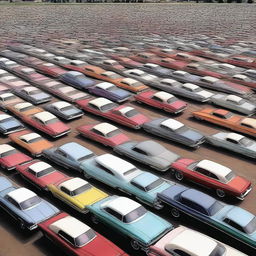 A high-quality digital art depicting a vast 2300 foot parking lot in Kentucky, filled with 582 vintage cars ranging from the 40s to the 80s