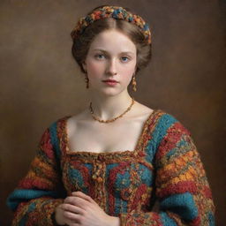 An image in the style of Renaissance art depicting a dignified young lady. She is adorned with a tastefully knitted garment carrying intricate occasion patterns in a sublime play of colors, exuding an aura of timeless elegance.