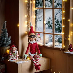 A mischievous elf sitting on a wooden shelf in a warm, cozy room, filled with holiday decorations, string lights and snow outside the window.