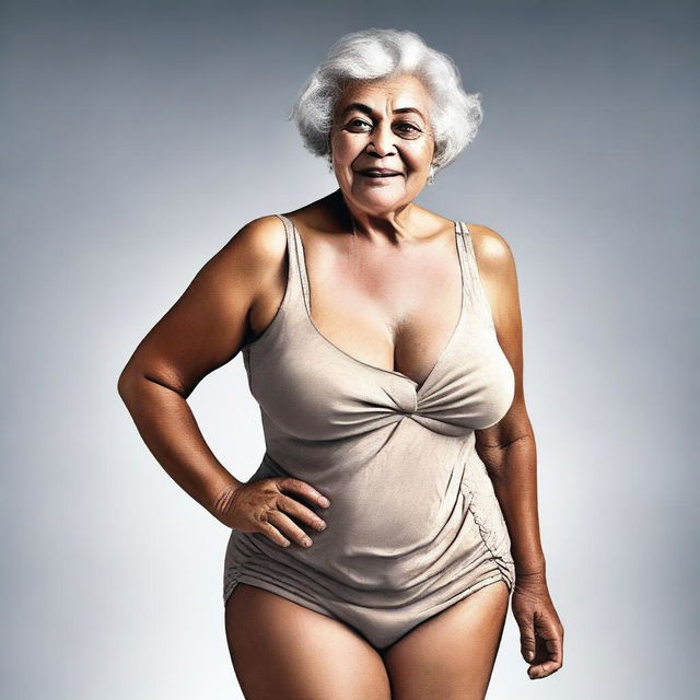 A digital art image of an elderly lady, around 60 years old, with a curvaceous figure