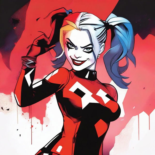 A digital art image showcasing Harley Quinn in her iconic red and black costume