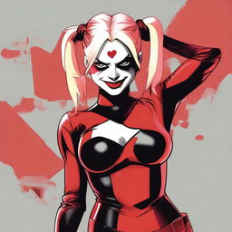 A digital art image showcasing Harley Quinn in her iconic red and black costume